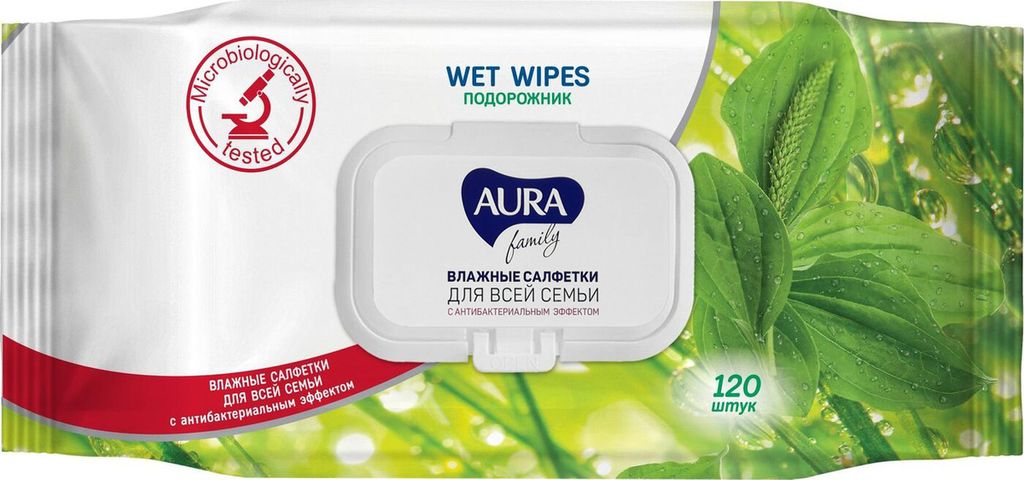 фото упаковки Aura Family салфетки влажные антибактериальные для всей семьи