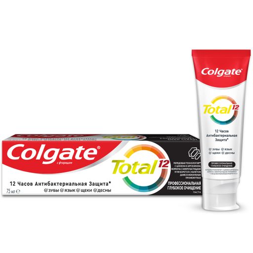 Colgate Паста зубная Total 12 Профессиональная Глубокое Очищение, паста зубная, с древесным углем, 75 мл, 1 шт.
