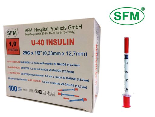 Шприц трехкомпонентный инсулиновый U-40 1мл, 1 мл, с интегрированной иглой 29G 0.33х12,7 мм, 100 шт.